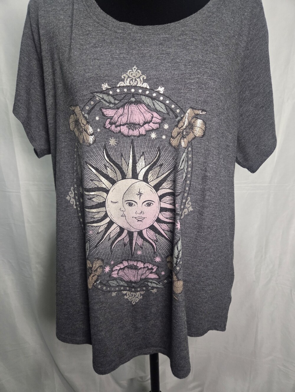 Gray Sun & Moon Graphic Tee with Pink Accents